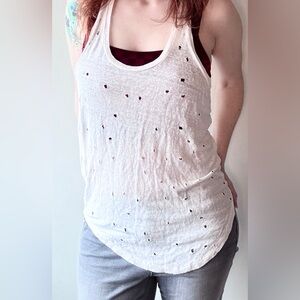 IRO Doris Linen Distressed Tank XS Ecru Racerback Asymmetrical Hem Oversized
